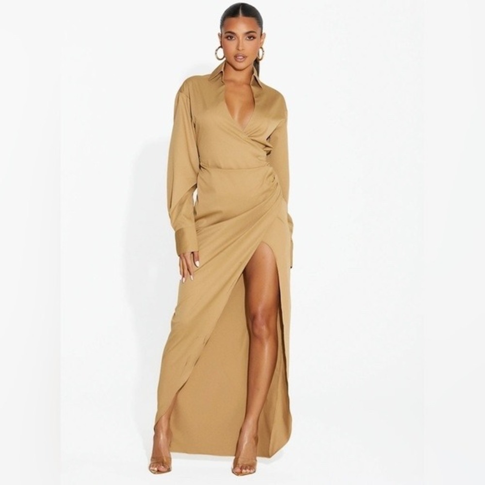 Naked Wardrobe Long Sleeve Faux Wrap Dress In Beige Khaki Size XS